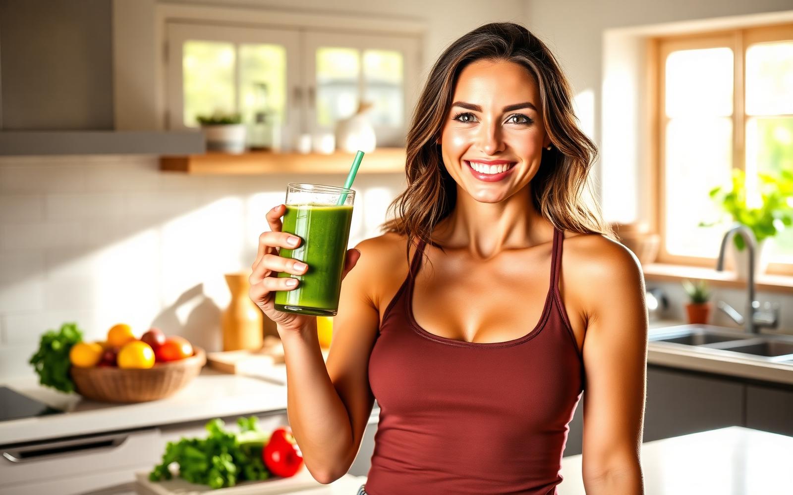 Mujer preparando un batido nutricional en su cocina